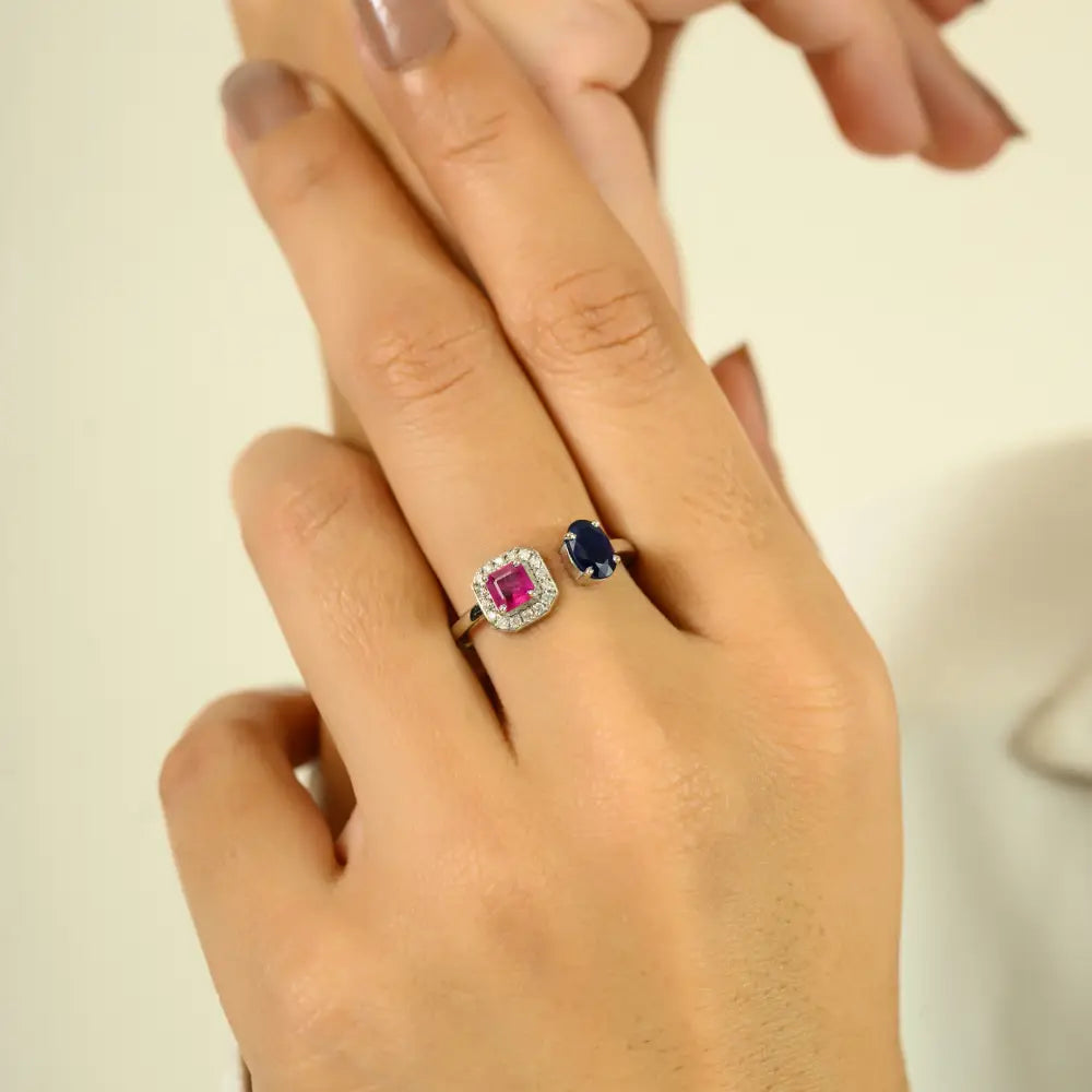 Precious Gemstone Ruby Blue Sapphire & Diamond 14K White Gold Two Stone Open Ring