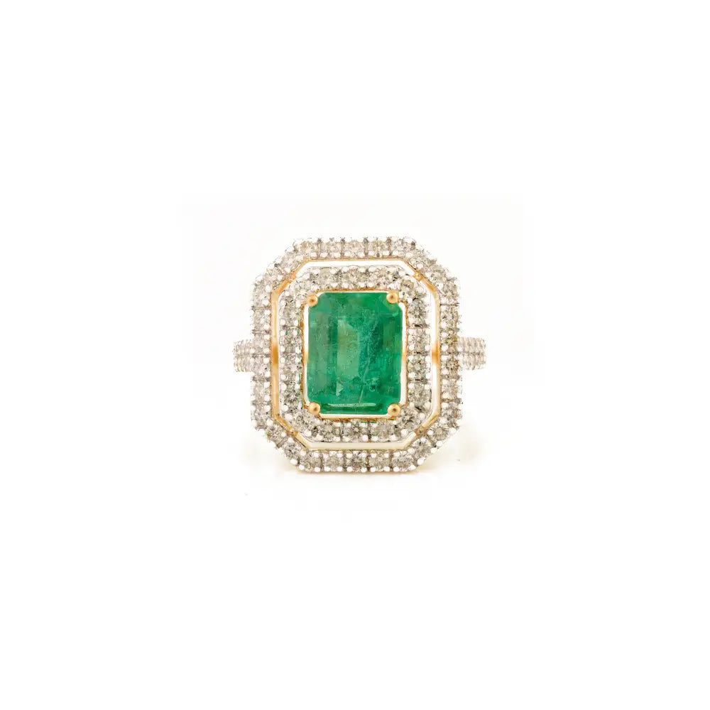 100% Genuine Emerald & Diamond Double Halo Ring 18K Yellow Gold Bold Statement Jewelry