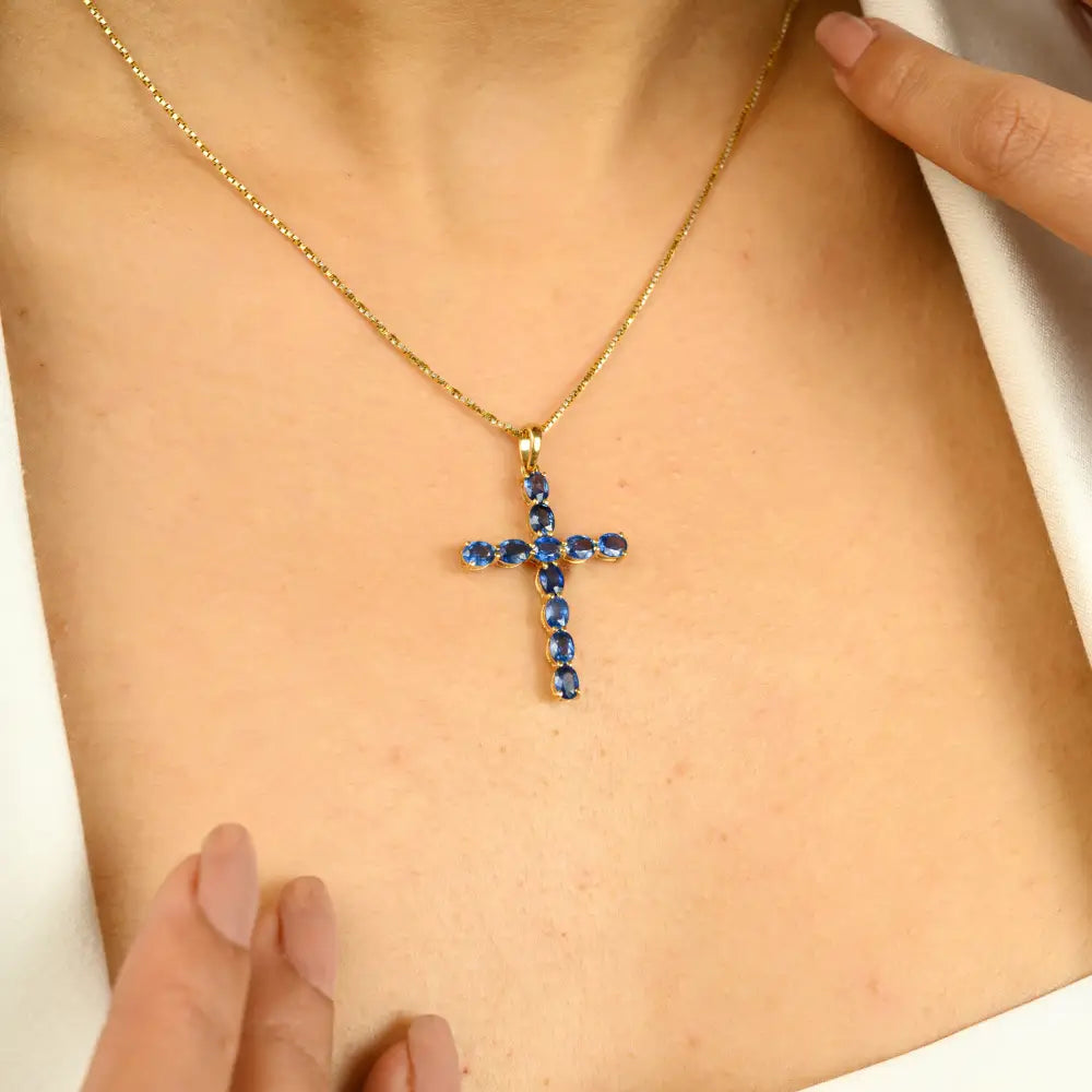 18K Pure Yellow Gold Handmade Blue Sapphire Christian Cross Pendant Wholesale Bulk Jewelry