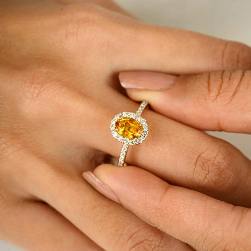 November Birthstone Citrine & Diamond 14K Solid Yellow Gold Halo Set Engagement Ring