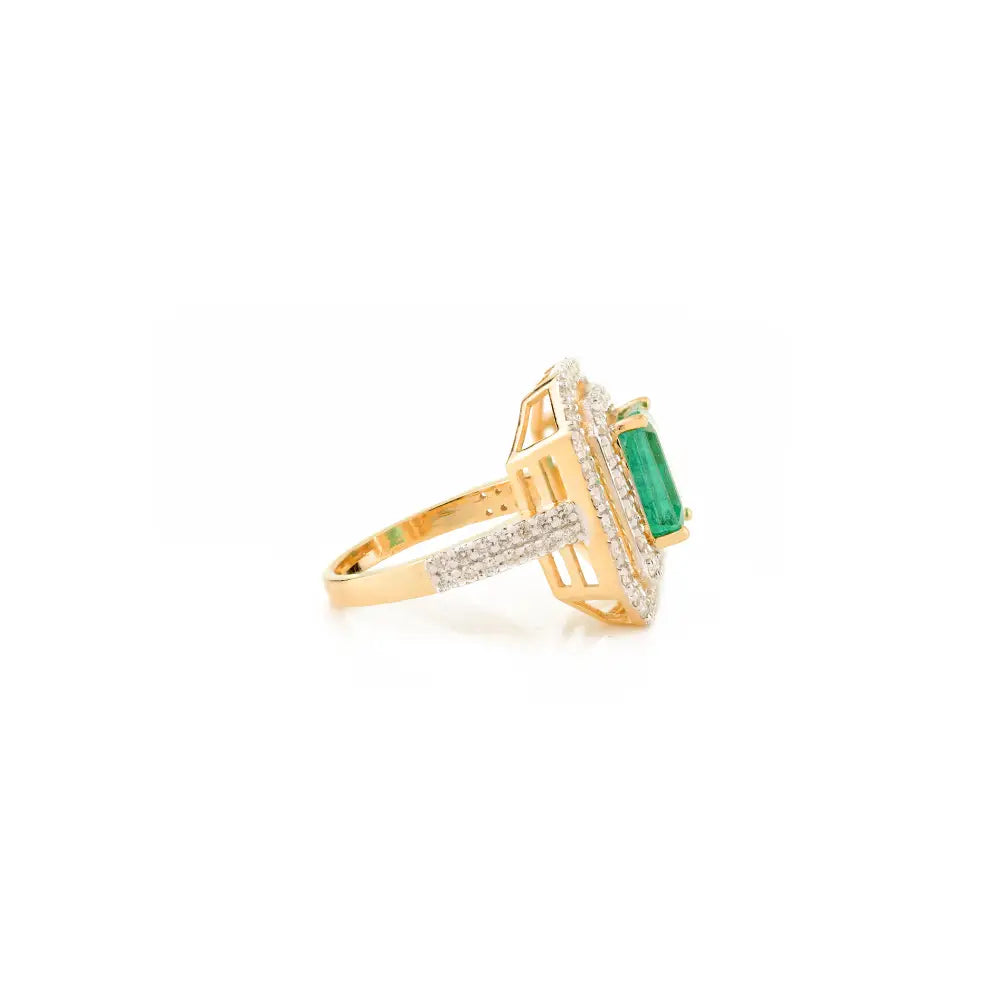 100% Genuine Emerald & Diamond Double Halo Ring 18K Yellow Gold Bold Statement Jewelry