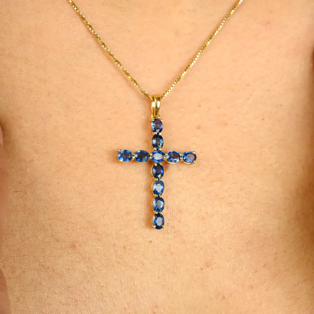 18K Pure Yellow Gold Handmade Blue Sapphire Christian Cross Pendant Wholesale Bulk Jewelry