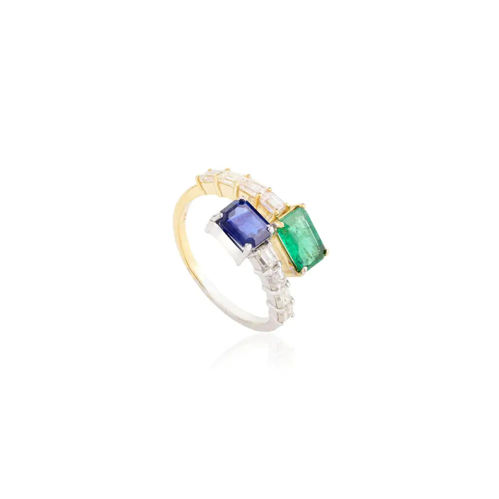 Emerald Blue Sapphire & Diamond 14K Two Tone Bypass Ring Custom Gold Jewelry Manufacturer
