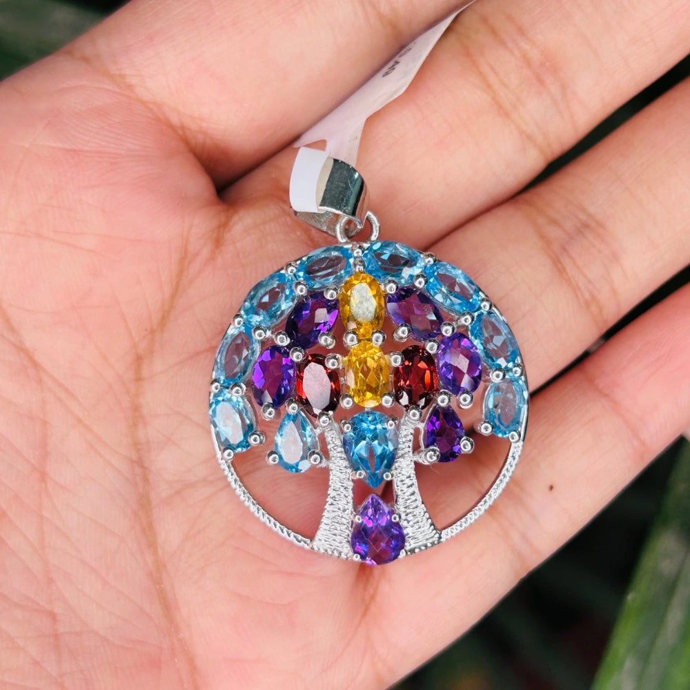 Trending Jewelry 100% Authentic Multi Gemstone Statement Tree of Life Pendant