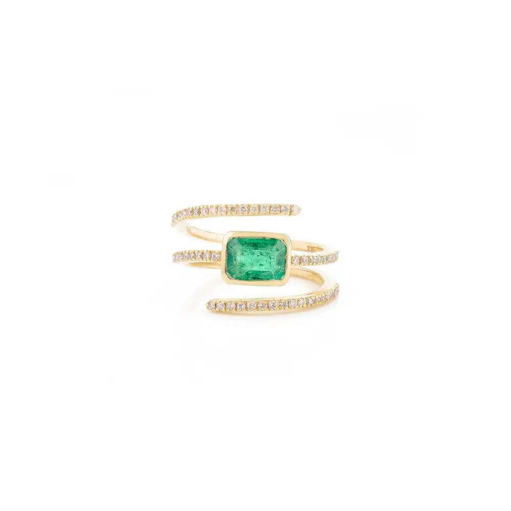 Unique Latest Design Yellow Gold Genuine Emerald & Diamond Wrap Spiral Ring Statement Jewelry