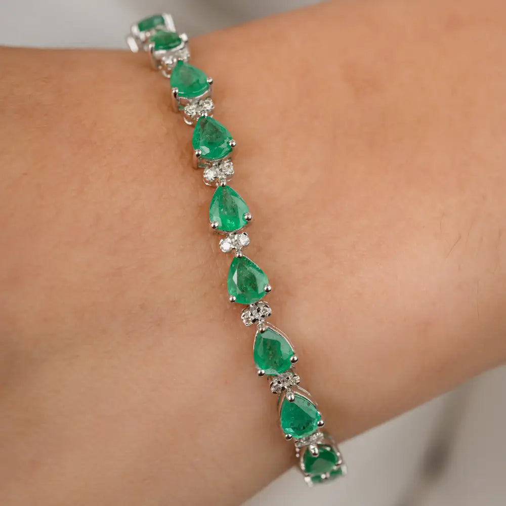 Pear Shape Emerald & Round Diamond Tennis Bracelet Solid 14K White Gold Handmade Fine Jewelry