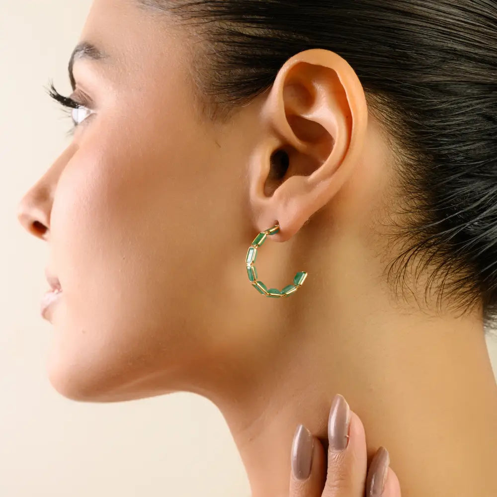 Dainty Style Natural Emerald C Shape Hoop Earrings K18 Solid Yellow Gold Handmade Jewelry