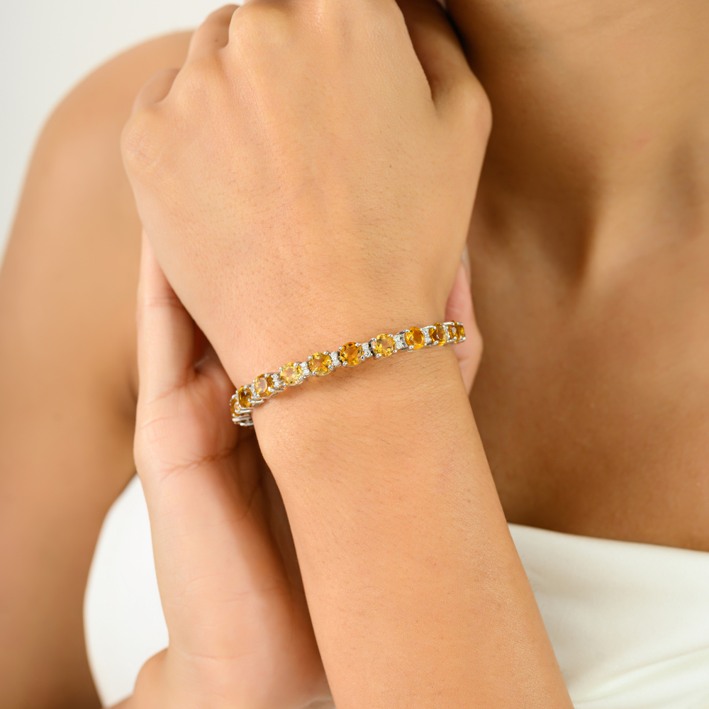 Modern Latest Design Genuine Citrine & American Diamond Sleek Bracelet 925 Solid Silver