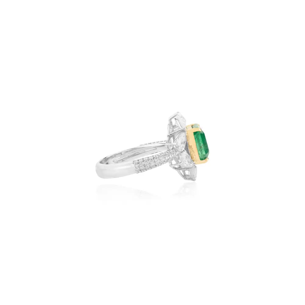 Square Cut Zambian Emerald & Diamond Real 18K Two Tone Gold Statement Wedding Ring