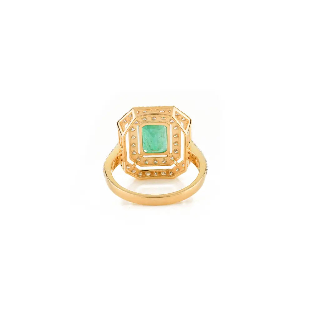 100% Genuine Emerald & Diamond Double Halo Ring 18K Yellow Gold Bold Statement Jewelry