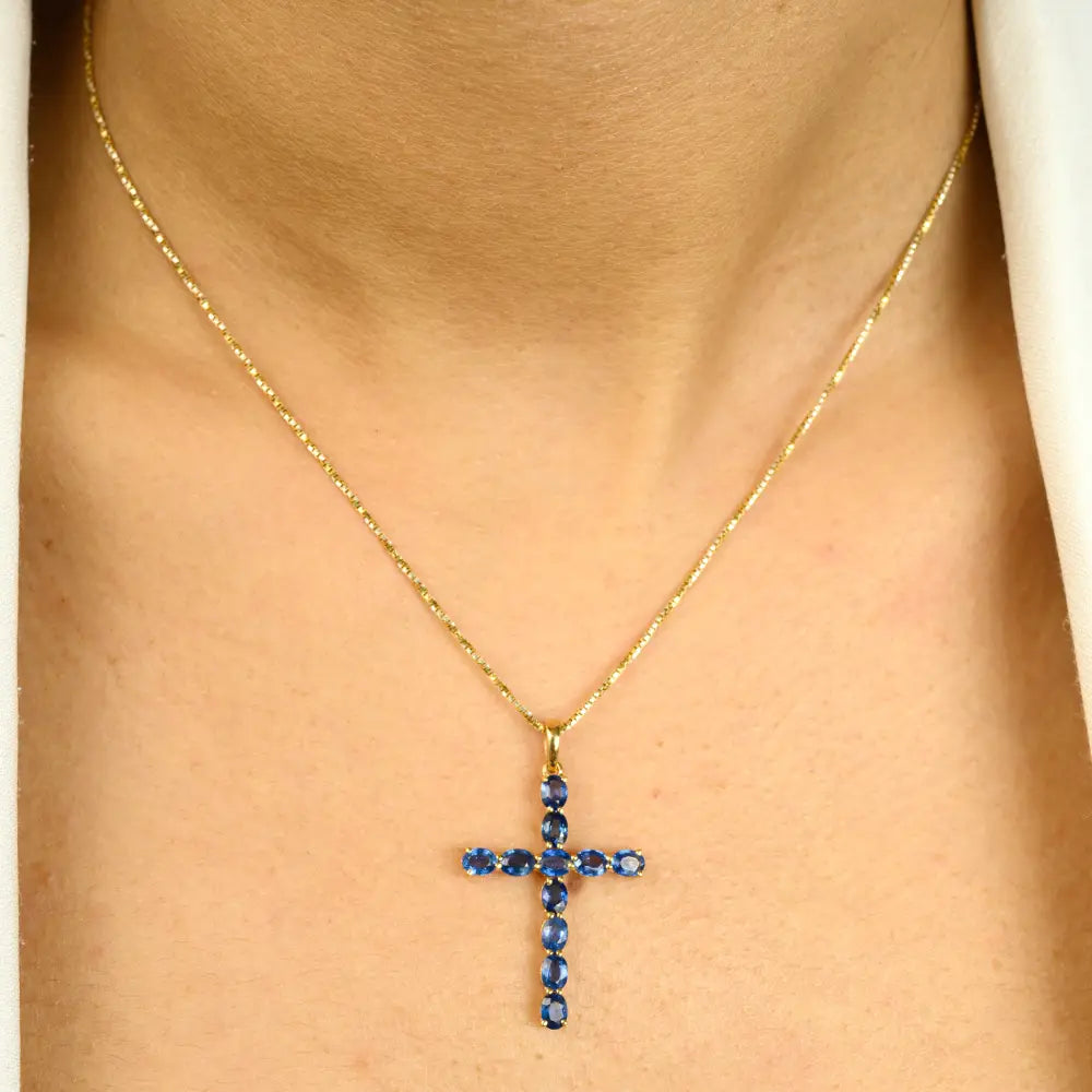 18K Pure Yellow Gold Handmade Blue Sapphire Christian Cross Pendant Wholesale Bulk Jewelry