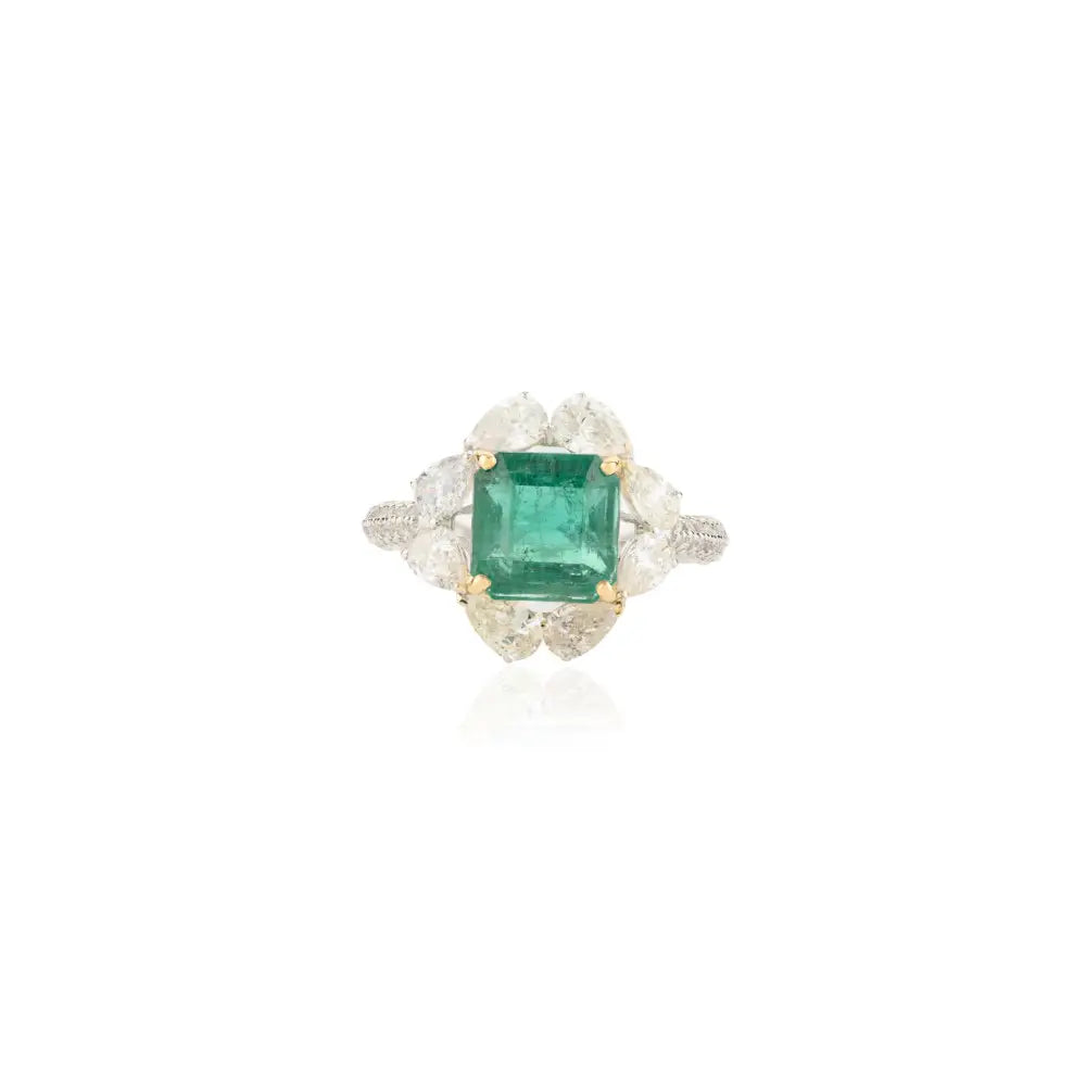 Square Cut Zambian Emerald & Diamond Real 18K Two Tone Gold Statement Wedding Ring