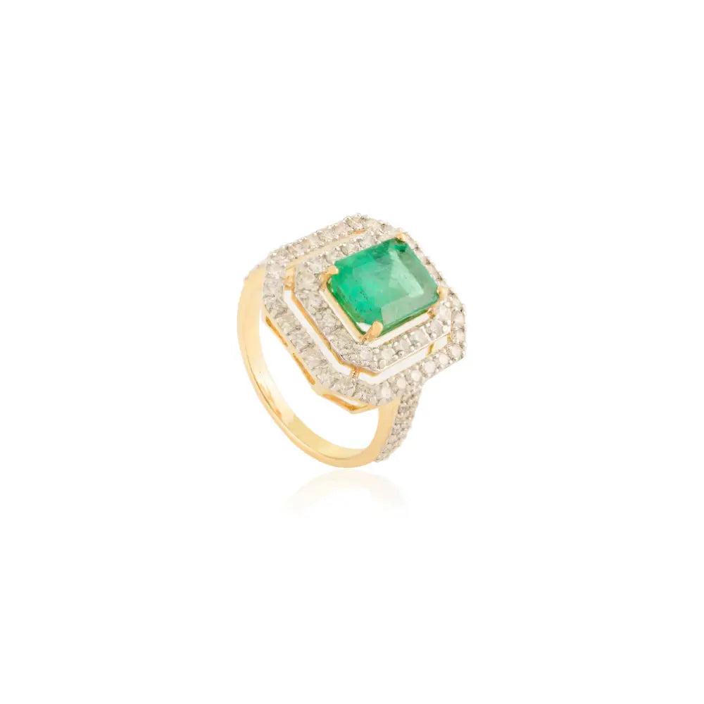 100% Genuine Emerald & Diamond Double Halo Ring 18K Yellow Gold Bold Statement Jewelry
