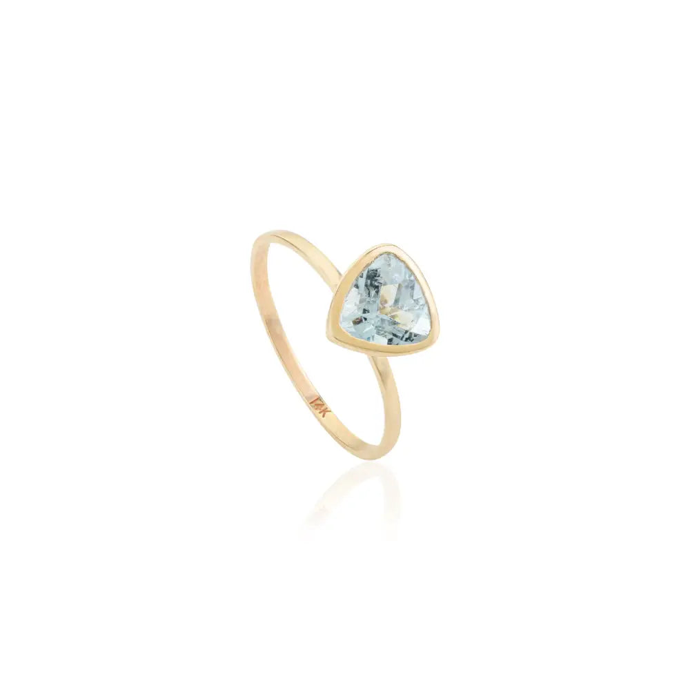 Good Quality Trillion Cut Aquamarine Solid 14K Yellow Gold Single Stone Ring Fine Jewelry