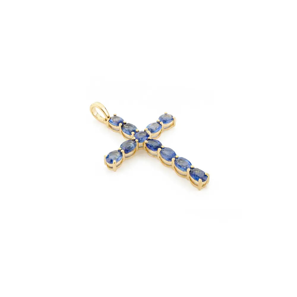 18K Pure Yellow Gold Handmade Blue Sapphire Christian Cross Pendant Wholesale Bulk Jewelry
