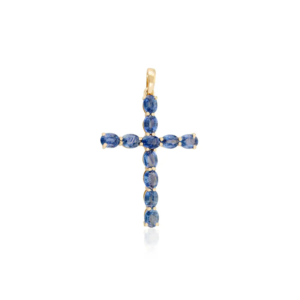 18K Pure Yellow Gold Handmade Blue Sapphire Christian Cross Pendant Wholesale Bulk Jewelry