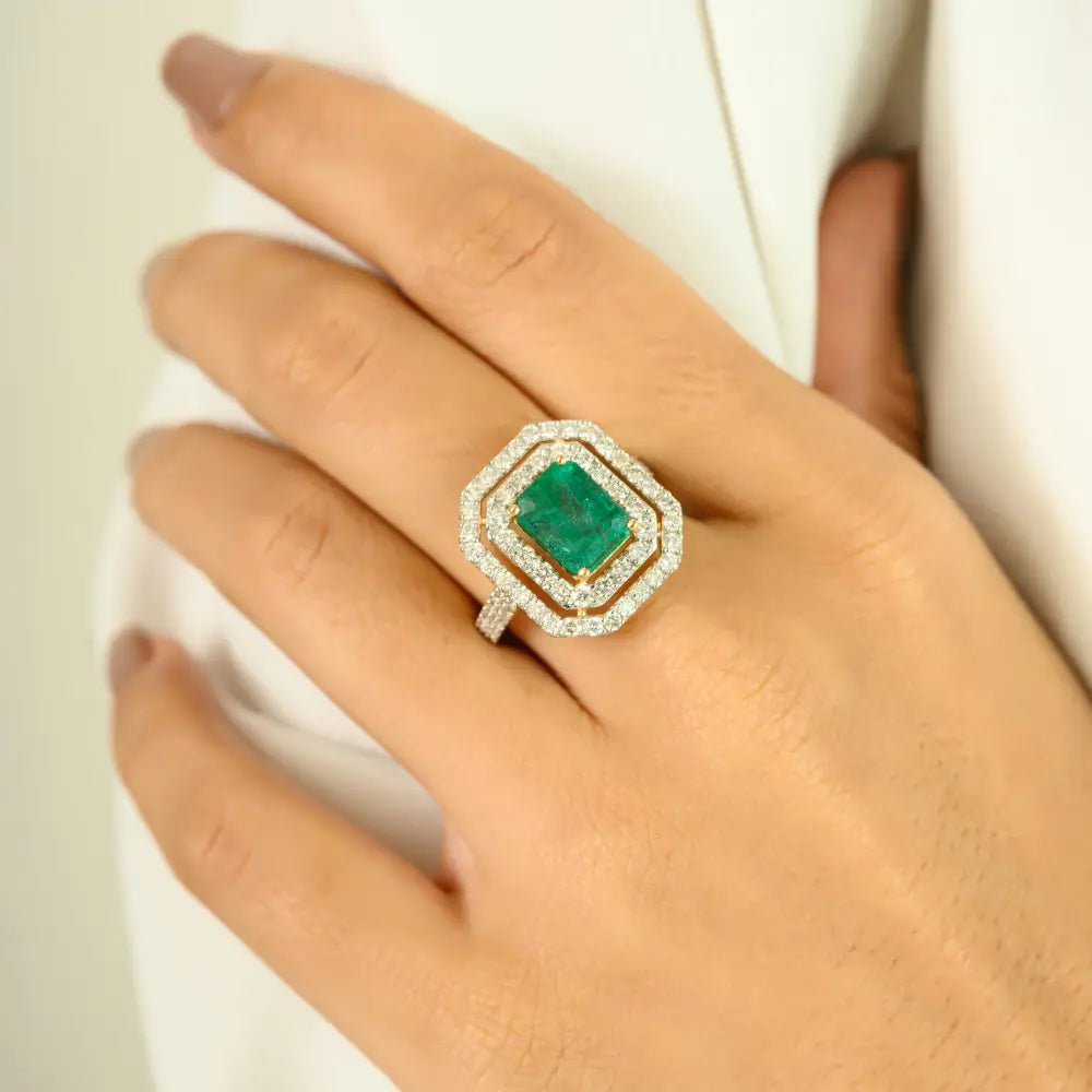 100% Genuine Emerald & Diamond Double Halo Ring 18K Yellow Gold Bold Statement Jewelry