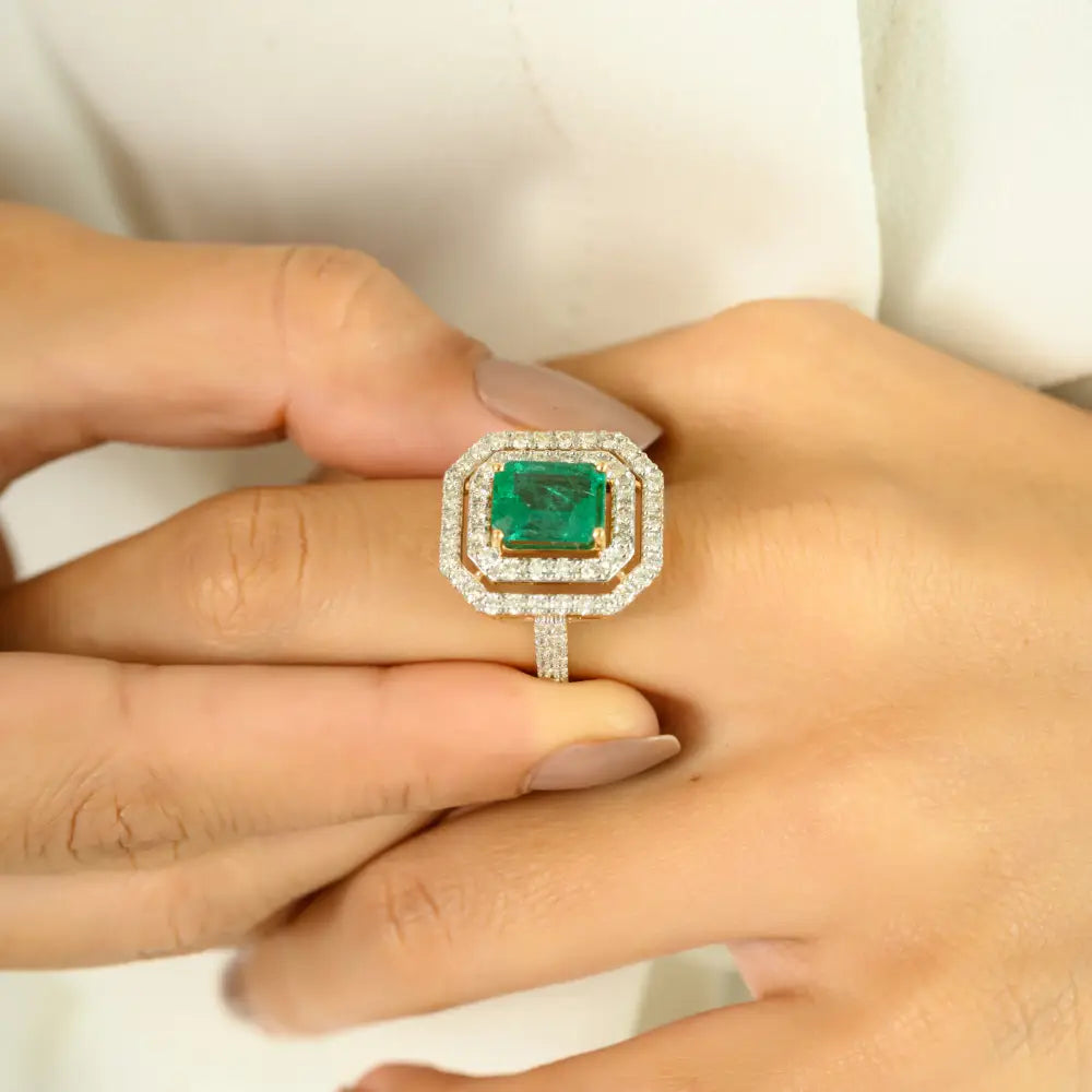 100% Genuine Emerald & Diamond Double Halo Ring 18K Yellow Gold Bold Statement Jewelry