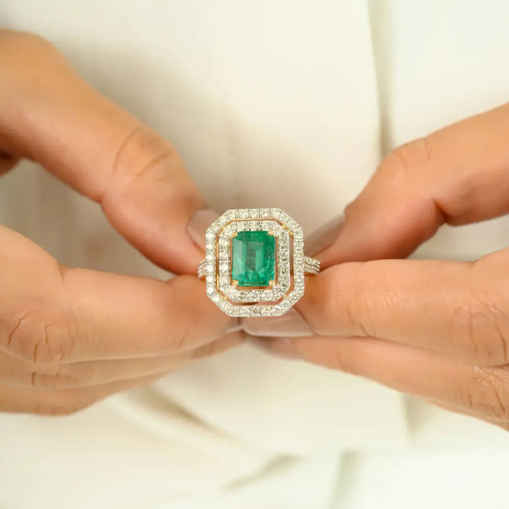 100% Genuine Emerald & Diamond Double Halo Ring 18K Yellow Gold Bold Statement Jewelry