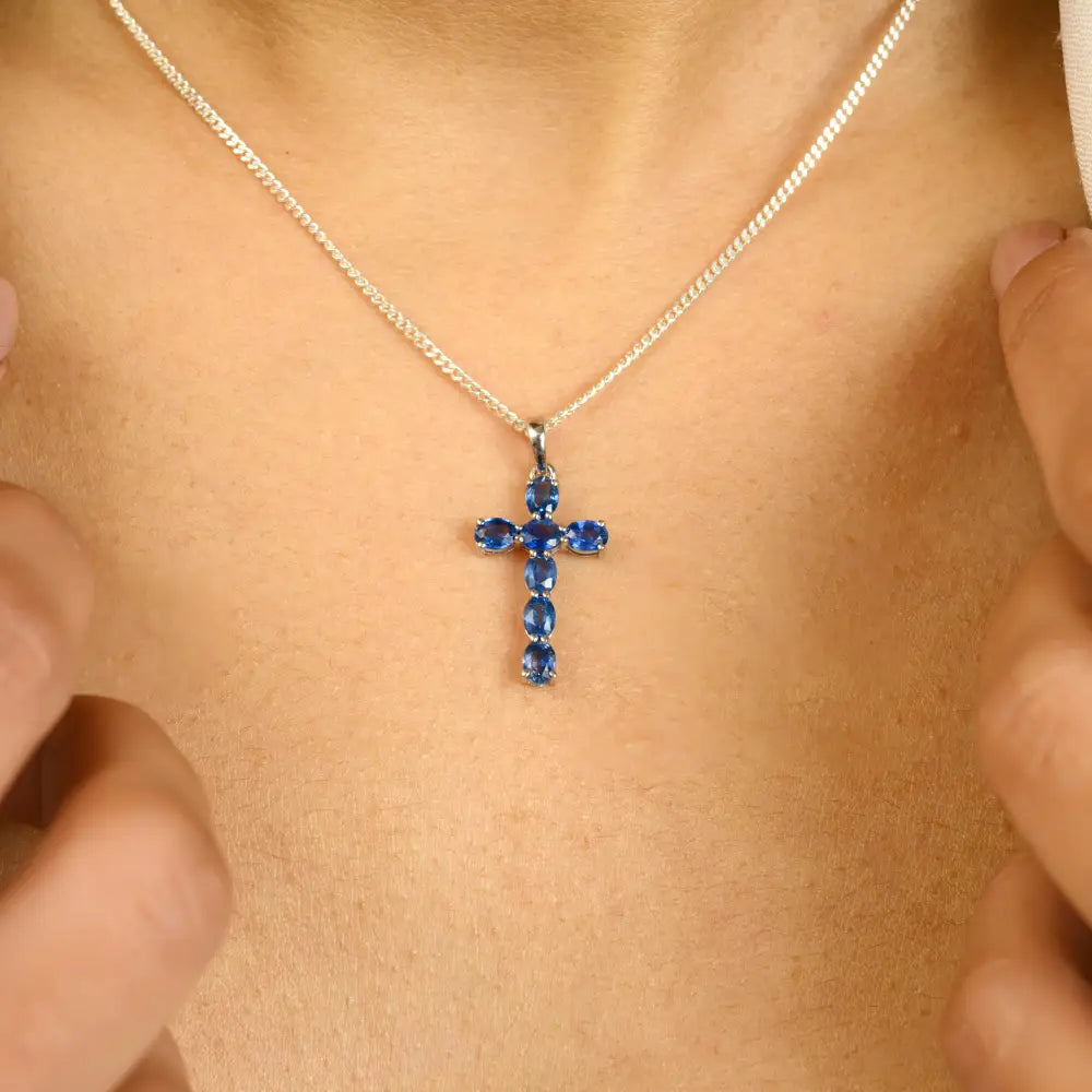 September Birthstone Blue Sapphire Trending Cross Minimal Pendant 14K Gold Faith Jewelry
