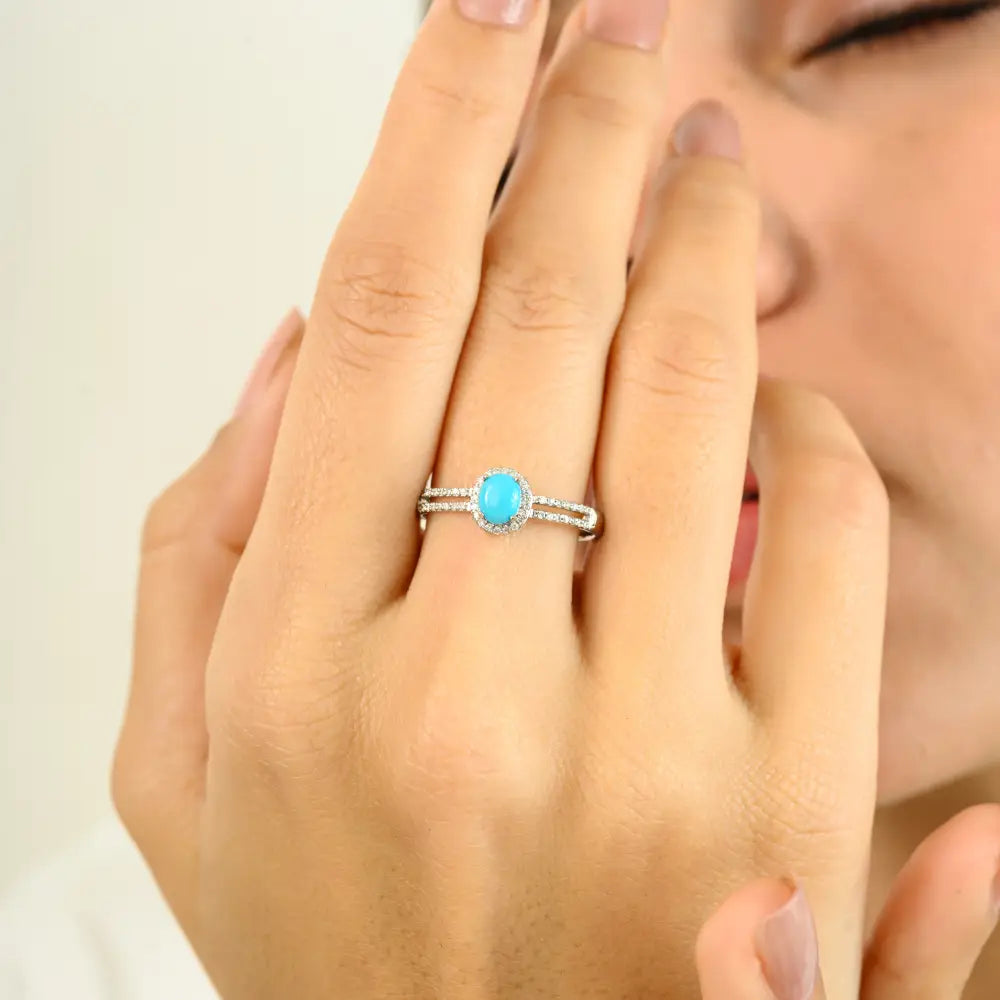 December Birthstone Turquoise & Diamond Halo Split Shank Ring Stacked 14K Gold Jewelry