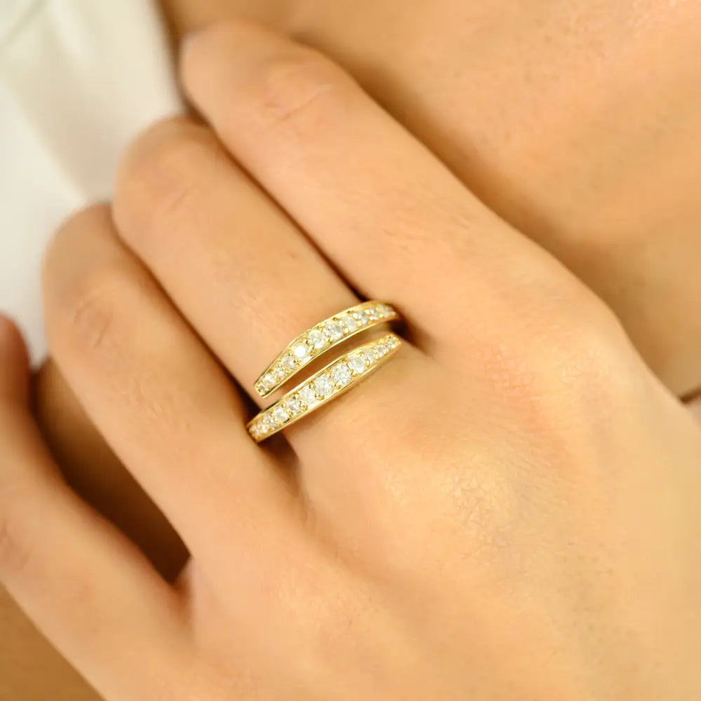 Solid 14K Yellow Gold Round Cut Diamond Open Wrap Ring Handmade Statement Jewelry