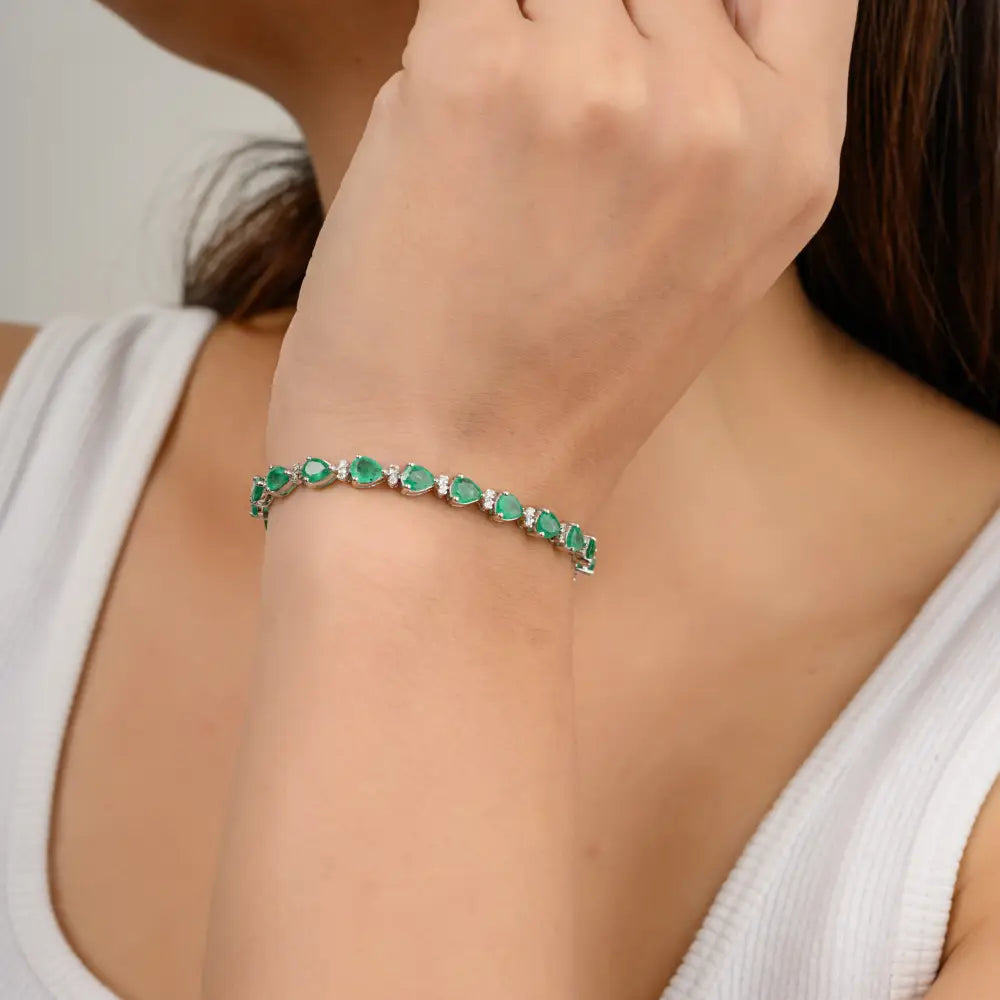 Pear Shape Emerald & Round Diamond Tennis Bracelet Solid 14K White Gold Handmade Fine Jewelry