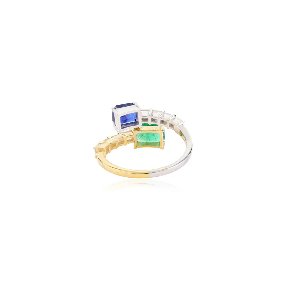 Emerald Blue Sapphire & Diamond 14K Two Tone Bypass Ring Custom Gold Jewelry Manufacturer
