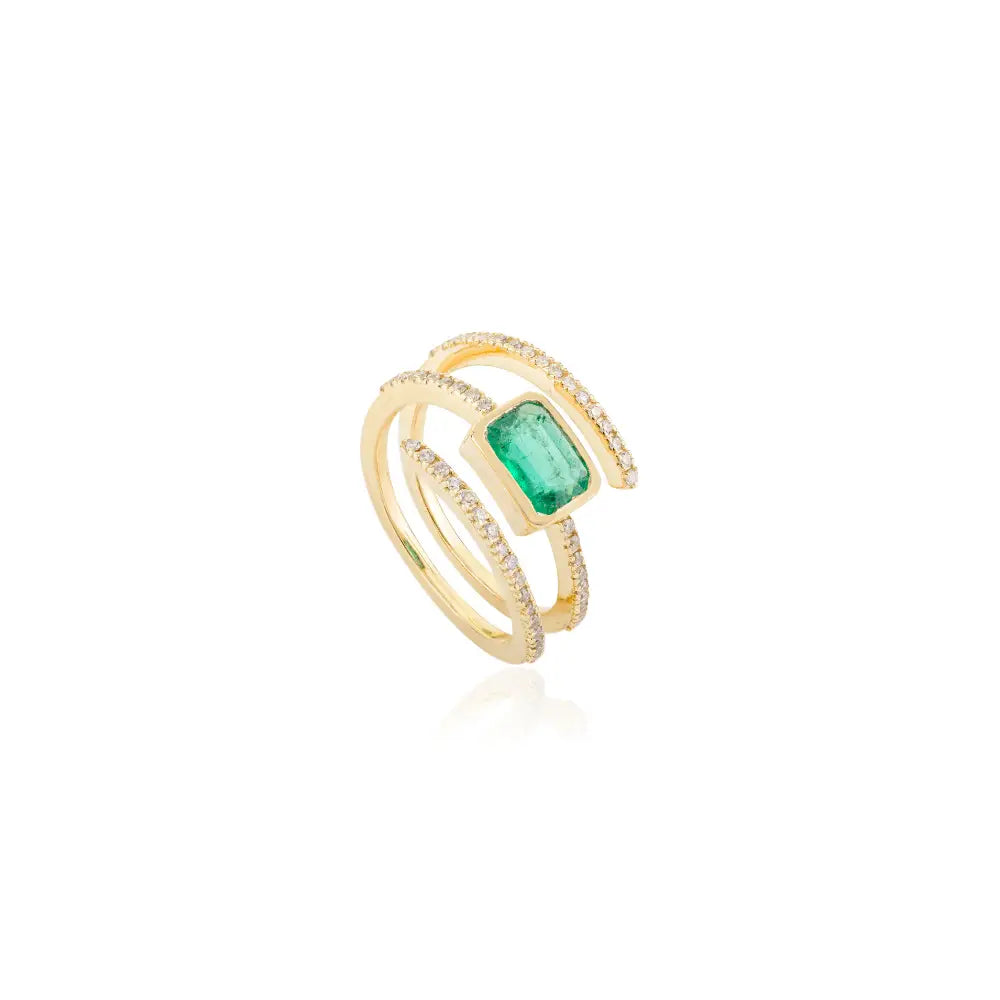 Unique Latest Design Yellow Gold Genuine Emerald & Diamond Wrap Spiral Ring Statement Jewelry