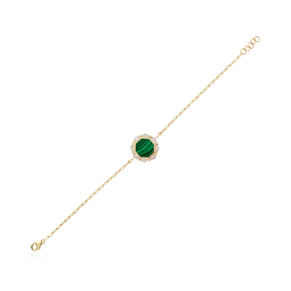 Center Stone Malachite & Diamond Paperclip Chain Bracelet Unisex Pure 14K Gold Jewelry