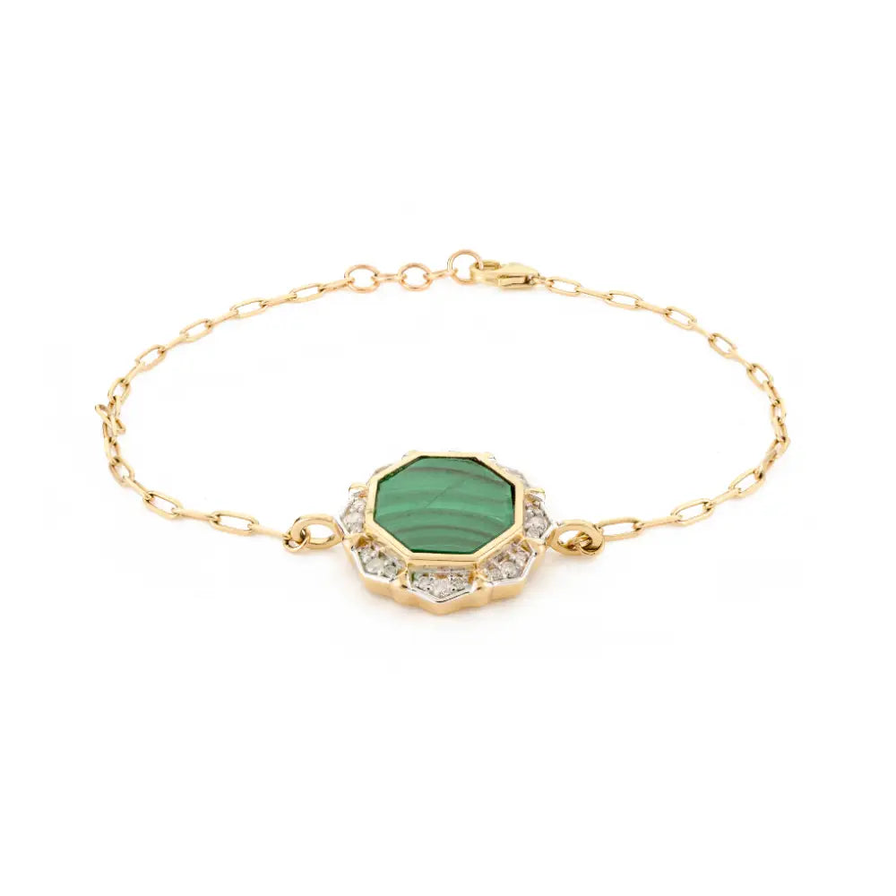 Center Stone Malachite & Diamond Paperclip Chain Bracelet Unisex Pure 14K Gold Jewelry