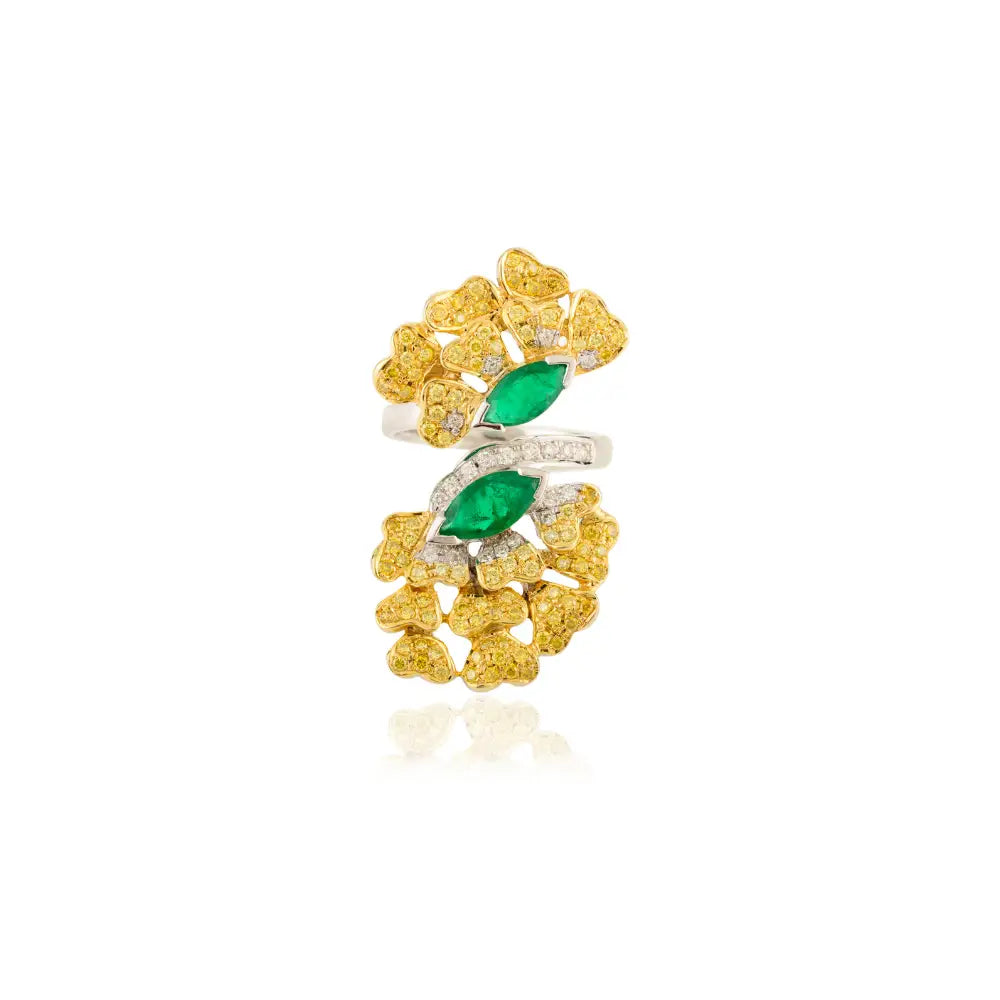 Luxurious Floral-Inspired Yellow White Diamond & Emerald Cocktail Ring 14K White Gold