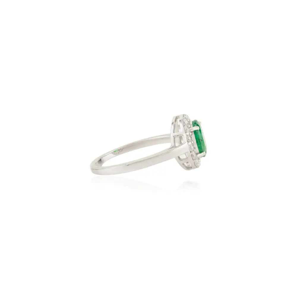 100% Real Zambian Emerald & Diamond Halo Ring Solid 14K White Gold Engagement Jewelry