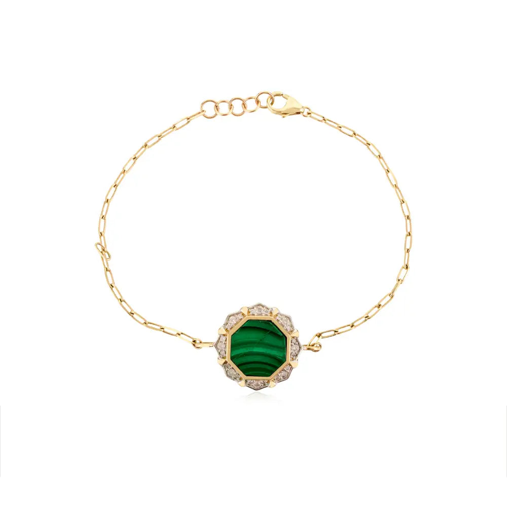 Center Stone Malachite & Diamond Paperclip Chain Bracelet Unisex Pure 14K Gold Jewelry