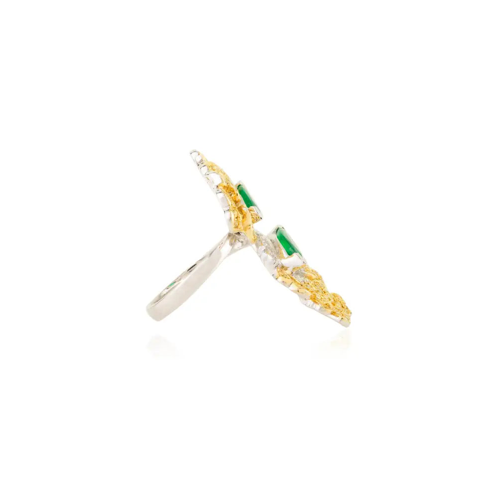Luxurious Floral-Inspired Yellow White Diamond & Emerald Cocktail Ring 14K White Gold
