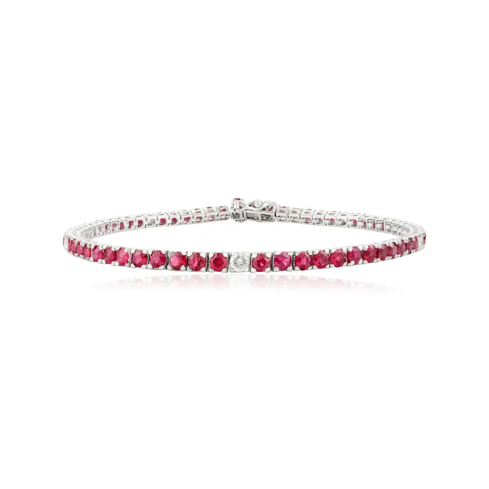 14K Solid White Gold Natural Ruby & Diamond Pave Setting Tennis Bracelet Stackable Jewelry