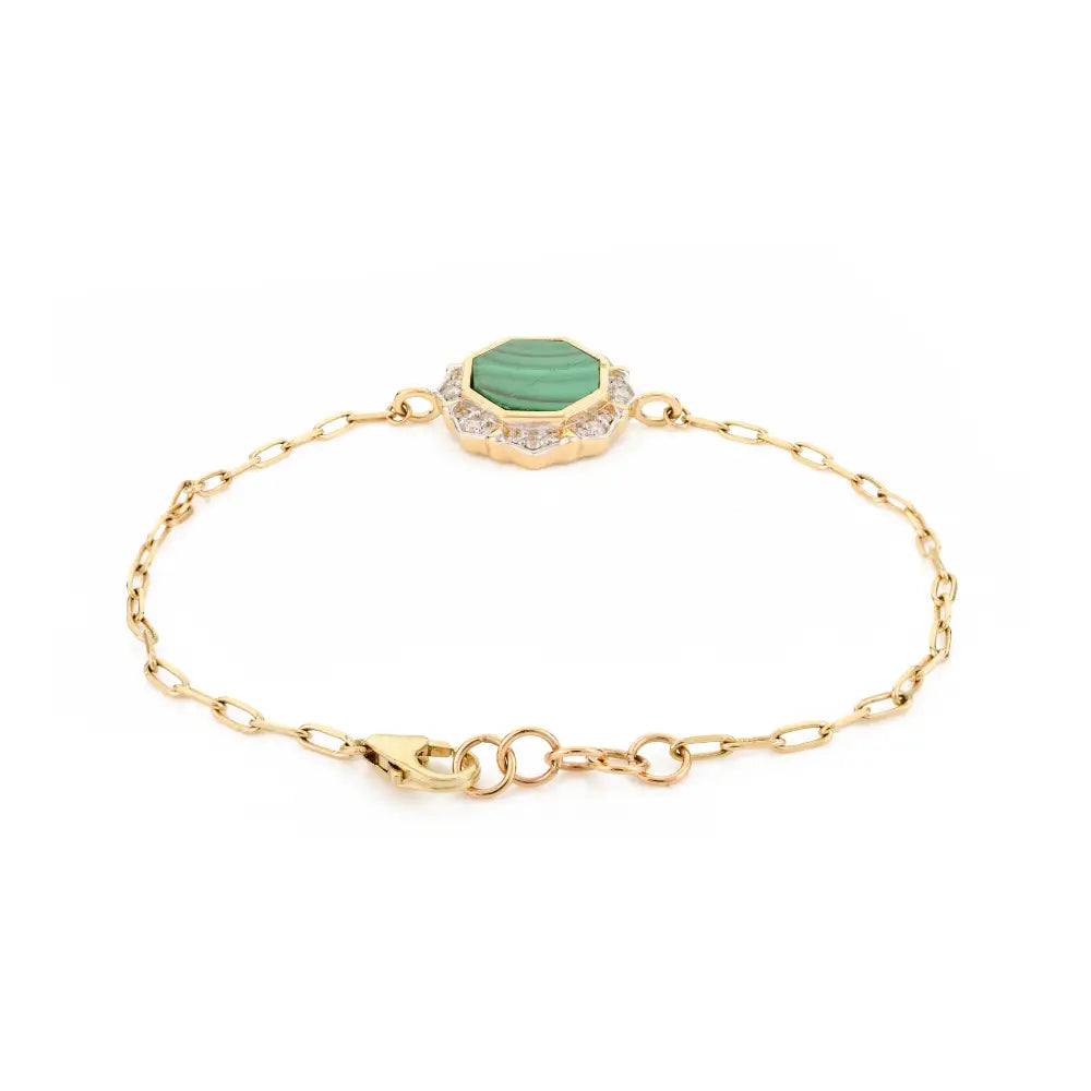 Center Stone Malachite & Diamond Paperclip Chain Bracelet Unisex Pure 14K Gold Jewelry