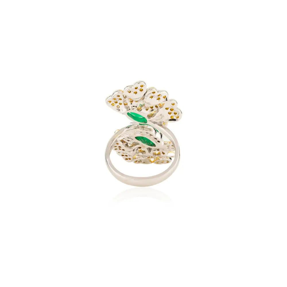 Luxurious Floral-Inspired Yellow White Diamond & Emerald Cocktail Ring 14K White Gold