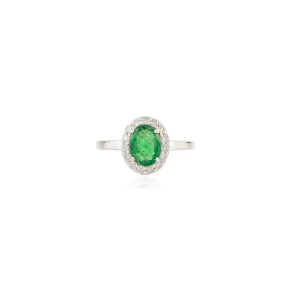 100% Real Zambian Emerald & Diamond Halo Ring Solid 14K White Gold Engagement Jewelry