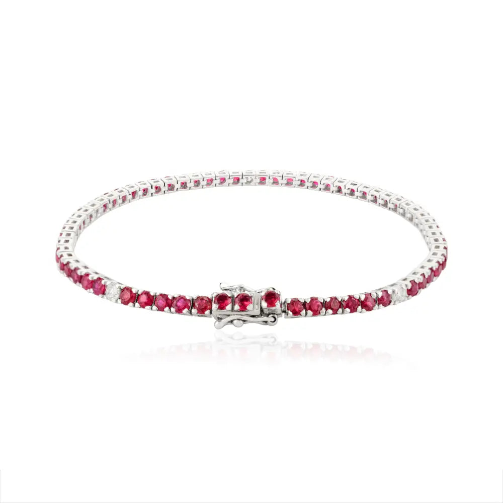 14K Solid White Gold Natural Ruby & Diamond Pave Setting Tennis Bracelet Stackable Jewelry