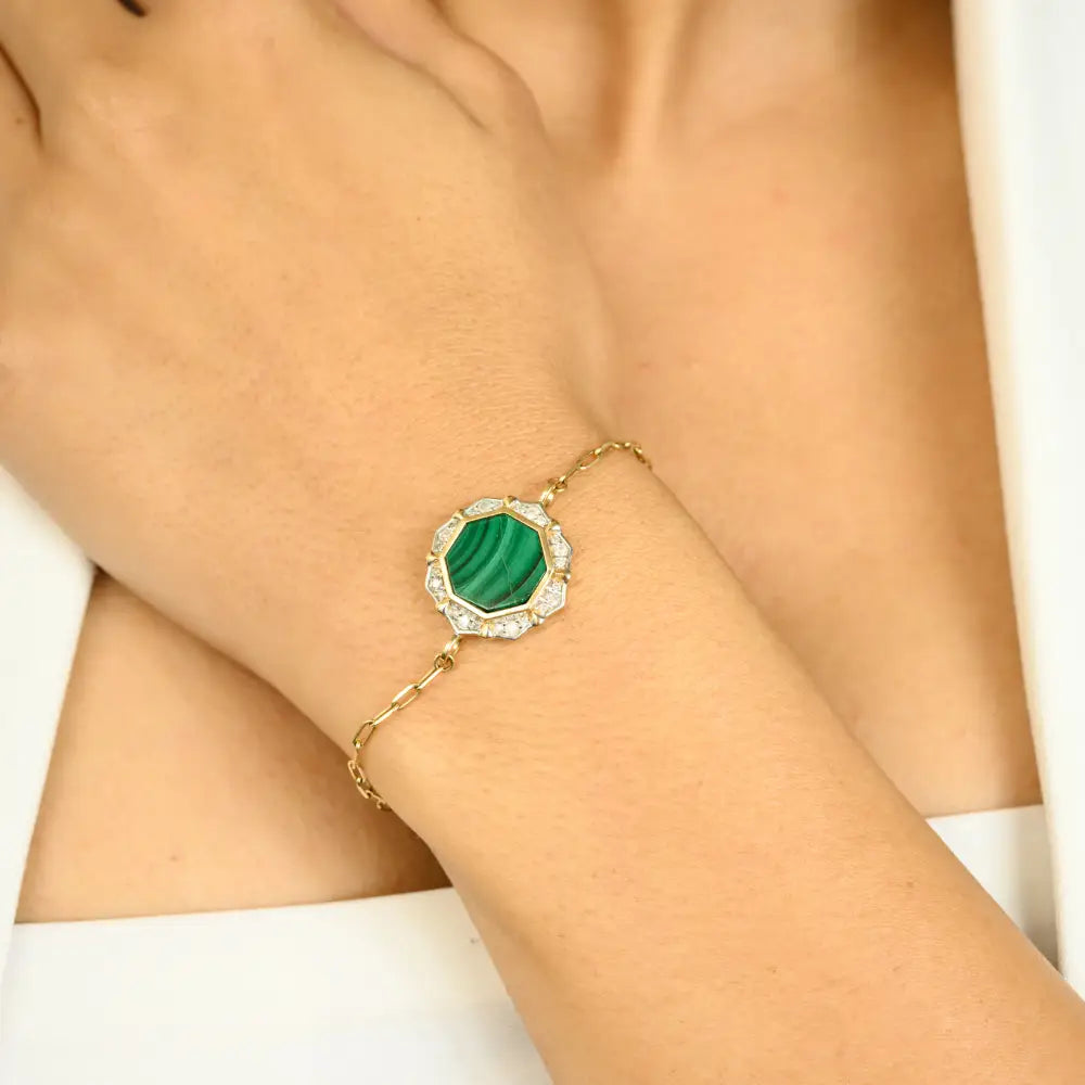 Center Stone Malachite & Diamond Paperclip Chain Bracelet Unisex Pure 14K Gold Jewelry