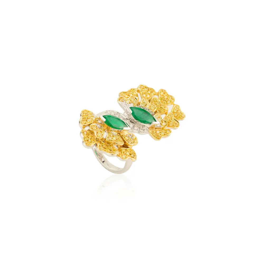 Luxurious Floral-Inspired Yellow White Diamond & Emerald Cocktail Ring 14K White Gold