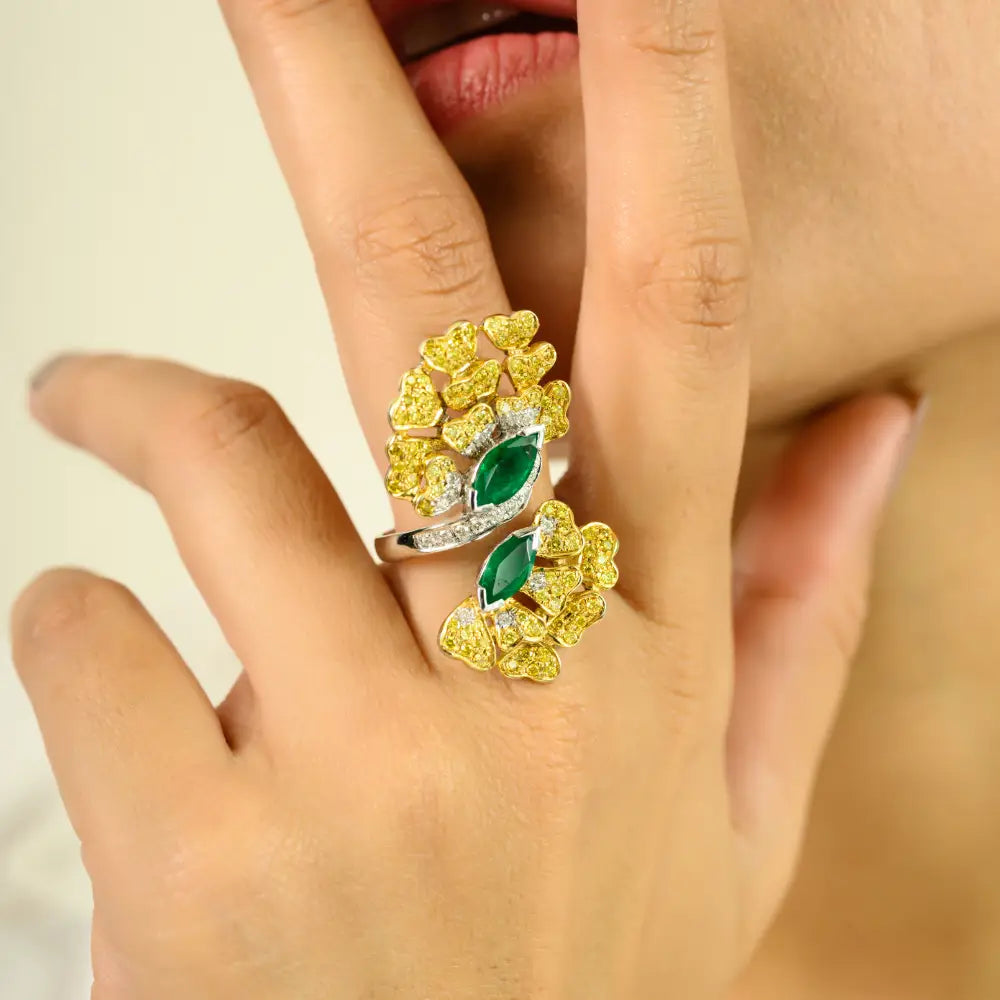 Luxurious Floral-Inspired Yellow White Diamond & Emerald Cocktail Ring 14K White Gold
