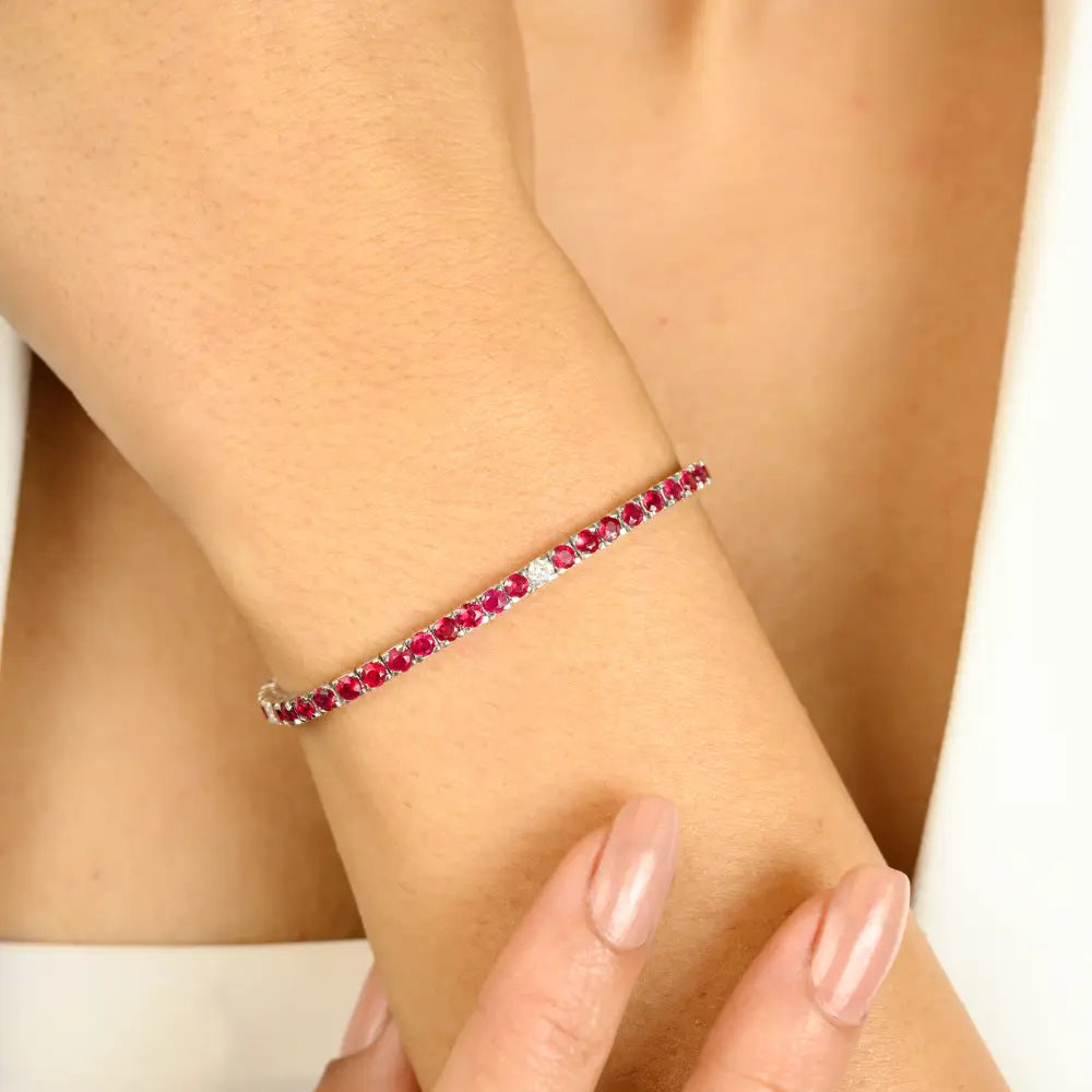 14K Solid White Gold Natural Ruby & Diamond Pave Setting Tennis Bracelet Stackable Jewelry