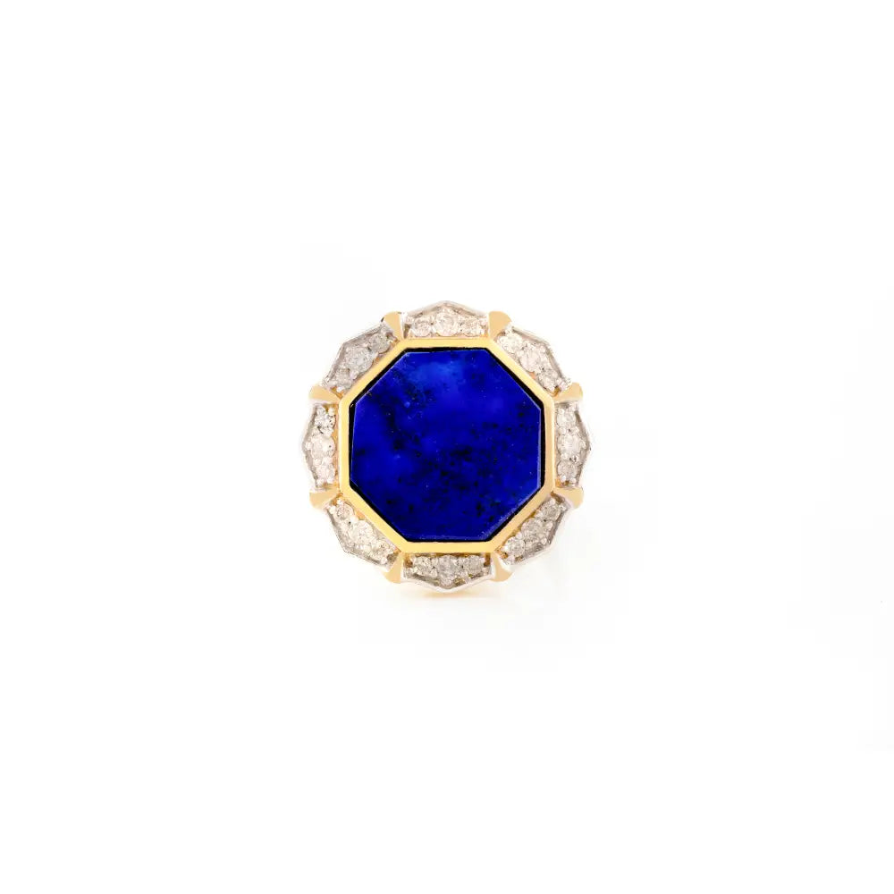 Hexagon Shape Lapis Lazuli & Round Diamond Statement Cocktail Ring Real 14K Gold Fine Jewelry