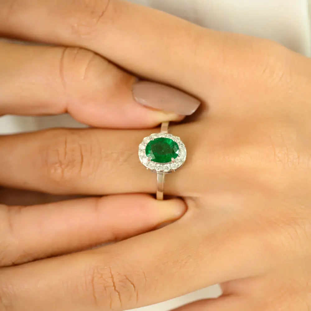 100% Real Zambian Emerald & Diamond Halo Ring Solid 14K White Gold Engagement Jewelry