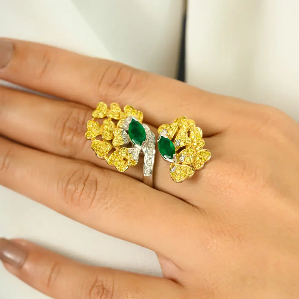 Luxurious Floral-Inspired Yellow White Diamond & Emerald Cocktail Ring 14K White Gold