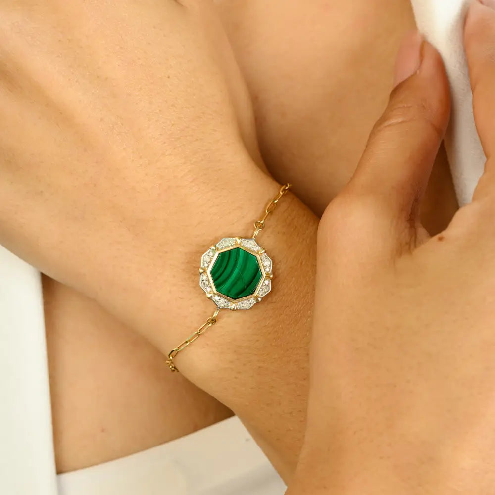 Center Stone Malachite & Diamond Paperclip Chain Bracelet Unisex Pure 14K Gold Jewelry