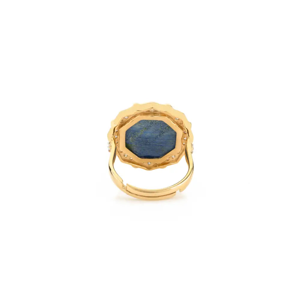 Hexagon Shape Lapis Lazuli & Round Diamond Statement Cocktail Ring Real 14K Gold Fine Jewelry