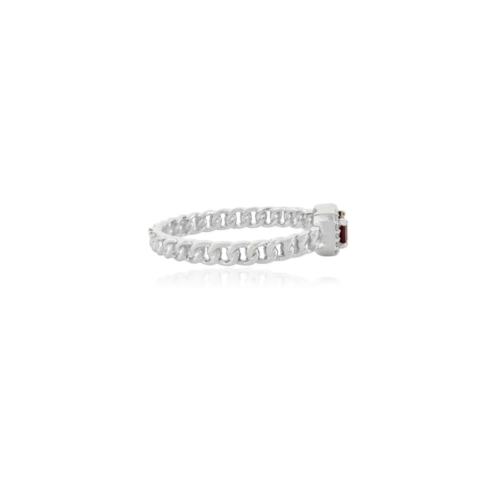 Baguette Garnet & Round Diamond 14K Gold Halo Cuban Chain Band Ring Stacked Jewelry